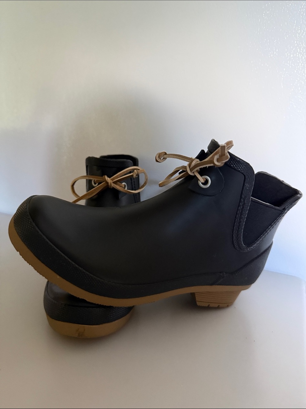 Chooka Black Rain Ankle Boot with Tan Lace accents